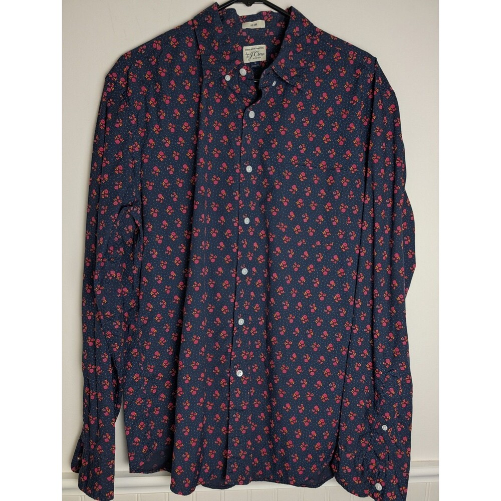 J. Crew Secret Wash Shirting Mens Large Long Sleeve Slim Shirt Floral Navy